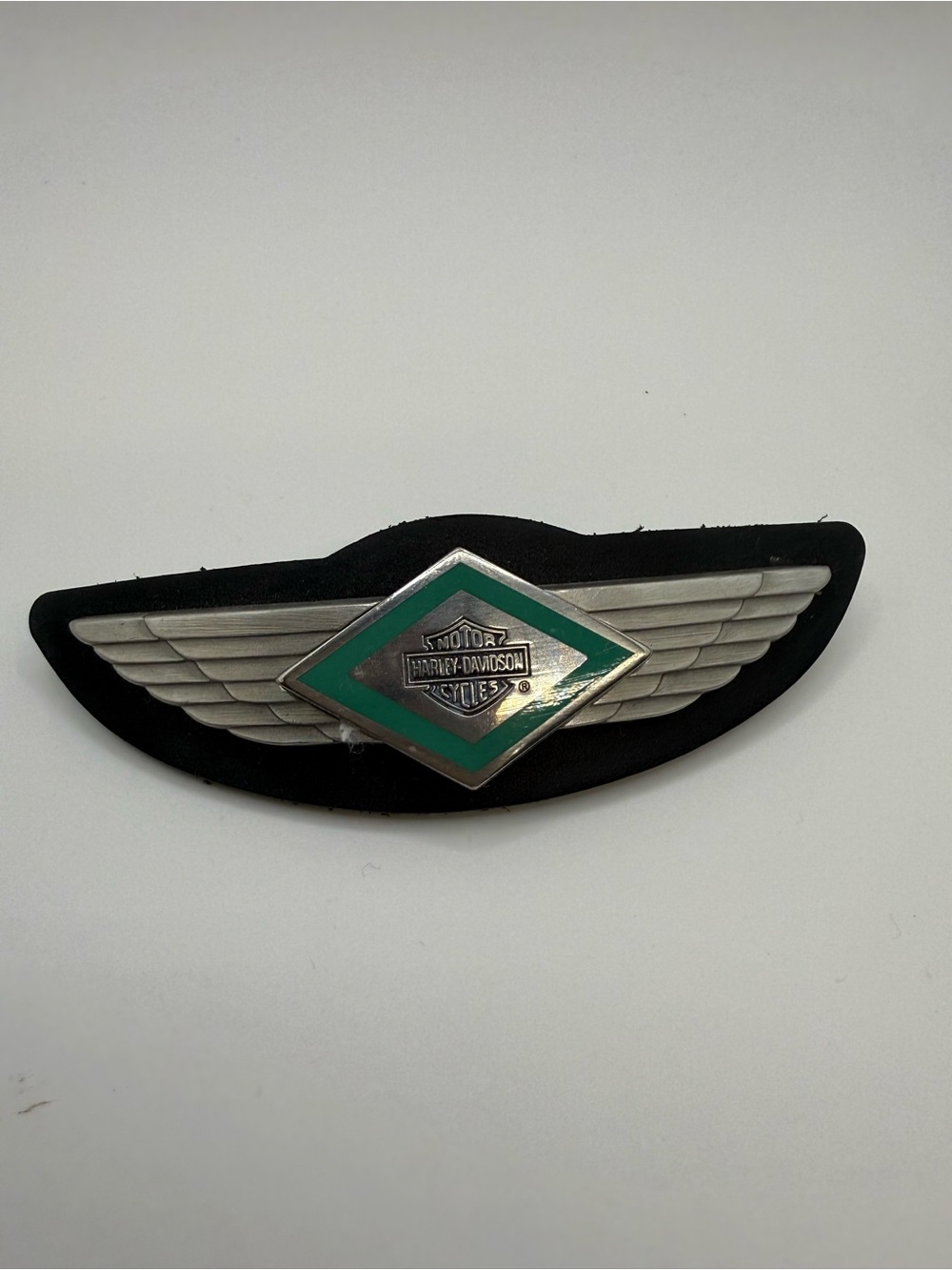 Vintage Harley-Davidson Winged Logo Leather Hair Barrette Clip Green Silver 4.5”
